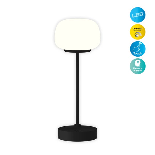 LED Akku-/ Tischleuchte PINA 30 cm hoch, aus Metall (schwarz) und Glas (weiß), integrierte LEDs, warmweiß