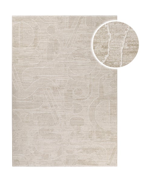 Teppich mit abstraktem geometrischem Muster, strukturiertem Kurzflor und Detailansicht der Oberflächenstruktur.