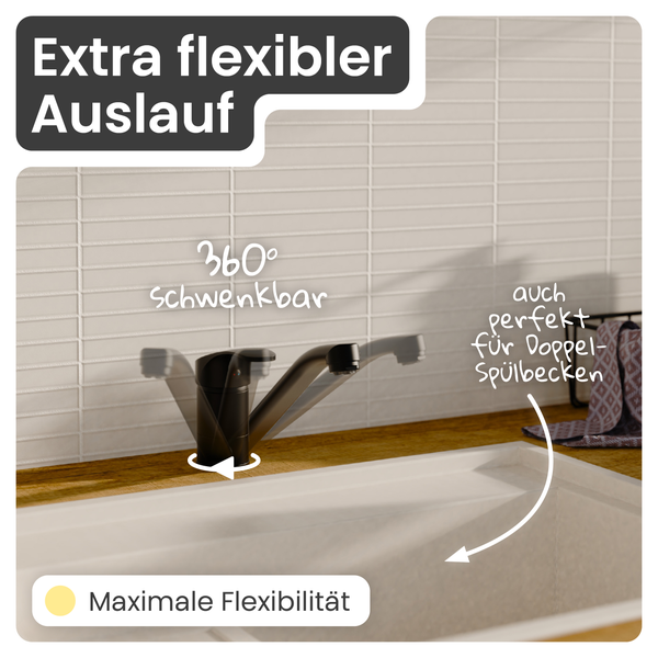 Küchenarmatur mit extra flexiblem Auslauf und 360 Grad Schwenkbereich für Spülbecken