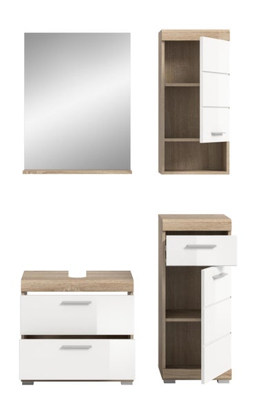 Badmöbel-Set in Eiche-Optik und Weiß Hochglanz, bestehend aus Spiegel, Waschbeckenunterschrank, Hängeschrank und Hochschrank.