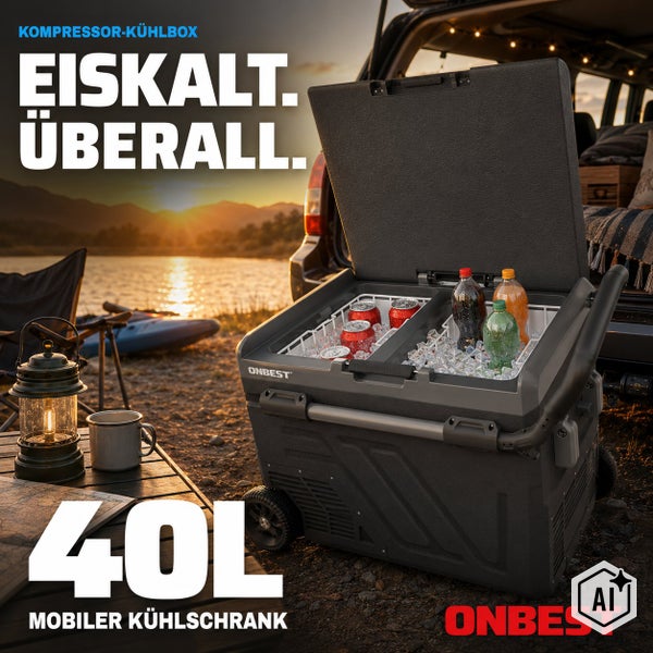 Tragbare 40 Liter Kompressor Kühlbox von Onbest im Camping Szenario mit Lebensmitteln und Getränken bei Sonnenuntergang.
