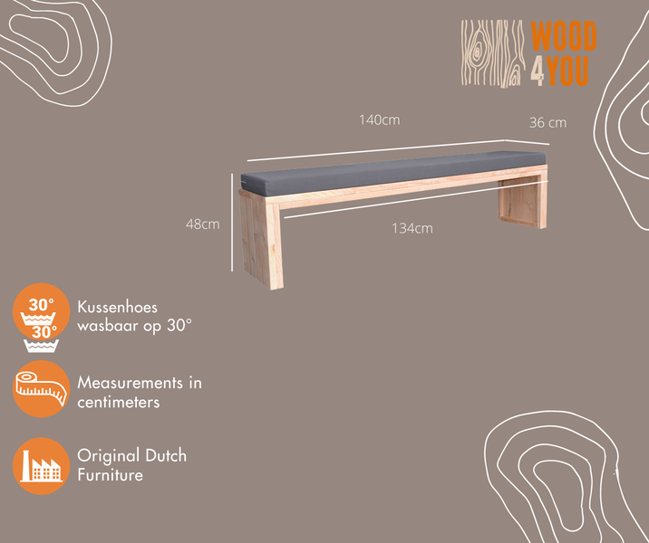 Wood4you - Gartenbank Amsterdam - Douglasie - 140L x 40H x 38T cm - inklusive Polster