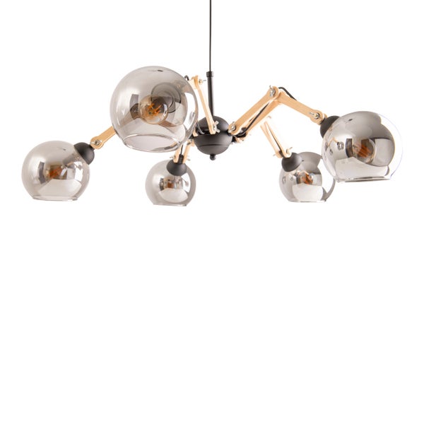 5er Glas-Pendelleuchte SOITO Hängelampe aus Metall, Glas und Gummibaumholz, mit E14-Fassung, für Esszimmer, Wohnzimmer, Diele oder Büro, 80 cm Durchmesser