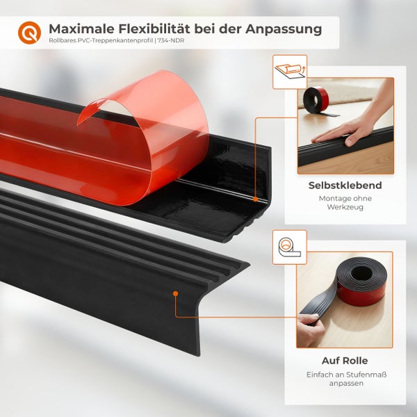 Rollbares Treppenkantenprofil aus PVC zur einfachen Montage an Stufenkanten, selbstklebend und werkzeuglos anpassbar.