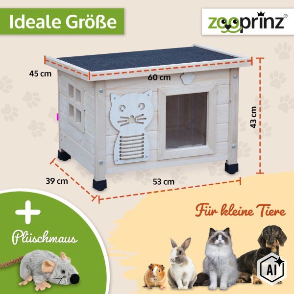 Holz Katzenhaus von Zooprinz mit Dach und integrierter Spielmaus, Maße 60 mal 45 mal 43 Zentimeter, geeignet für Kleintiere wie Katzen und Hunde.