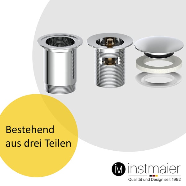 instmaier Ablaufgarnitur E1 | mit Überlauf | Waschbeckenstöpsel mit Push-Open Funktion | Pop Up Ventil Chrom