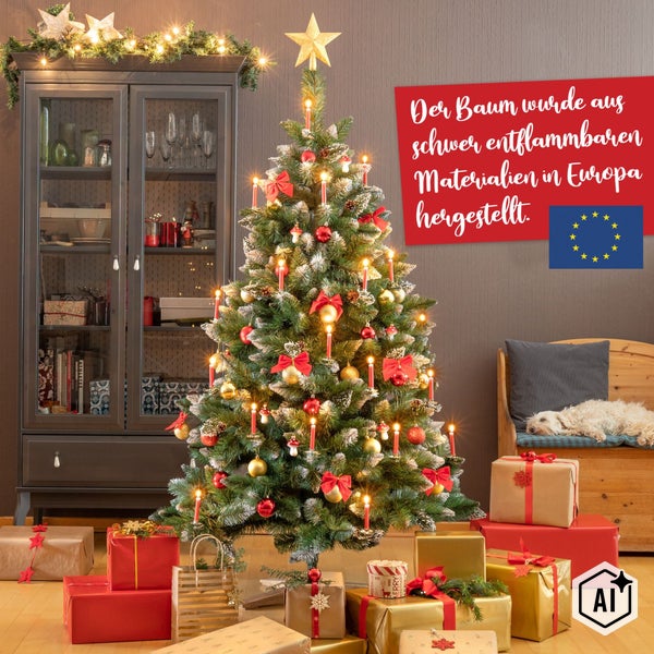 Geschmückter künstlicher Weihnachtsbaum mit Beleuchtung, Sternspitze und Geschenken in einem festlich eingerichteten Wohnraum.