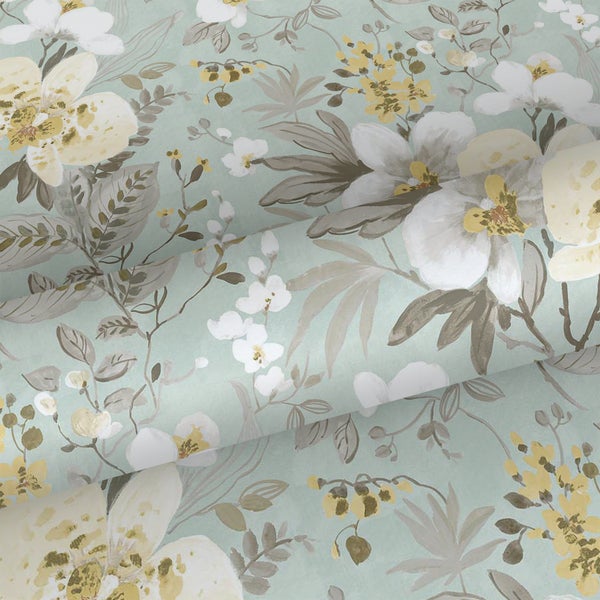 Sanders und Sanders Tapete Blumen Graugrün und Gelb - 53 cm x 10 m - 640391