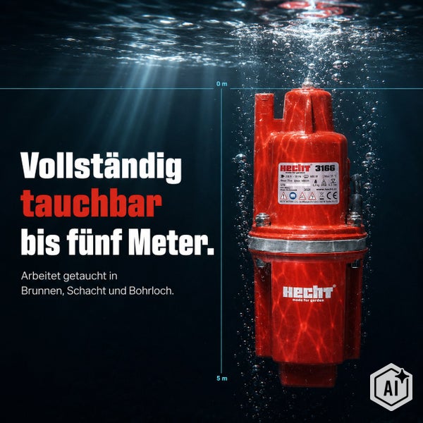 Hecht Tauchdruckpumpe 3166 für Brunnen und Bohrlöcher, vollständig tauchbar bis fünf Meter Tiefe.