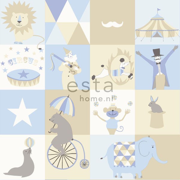 ESTAhome Tapete Zirkus Hellblau, Beige und Weiß - 53 cm x 10.05 m - 138710