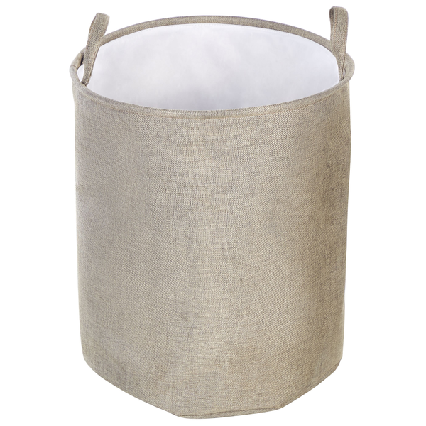Zylindrischer Wäschekorb aus beigem Textil mit zwei Tragegriffen und weißer Innenauskleidung.