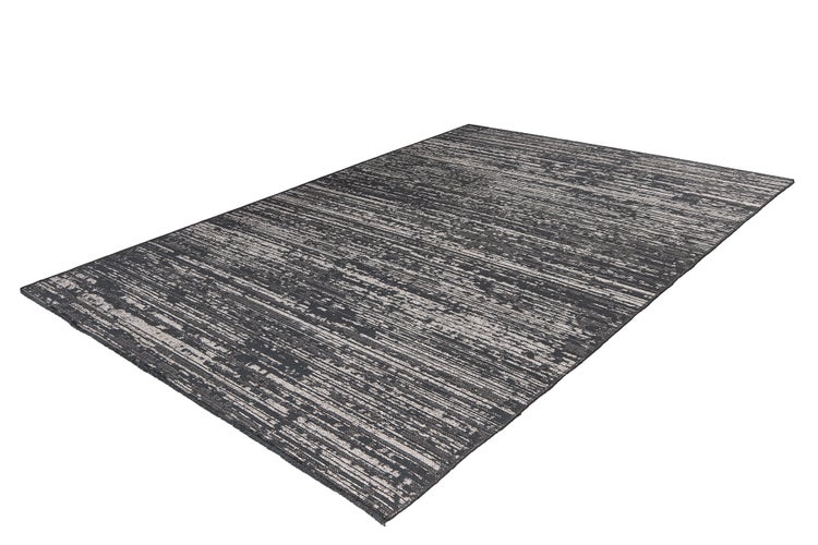Flachgewebter Teppich mit abstraktem, linearem Muster in Grau.