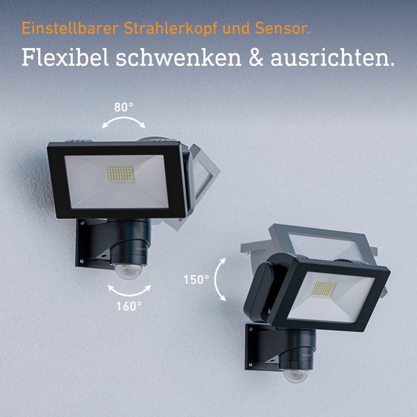 Steinel LED Strahler mit schwenkbarem Strahlerkopf und Sensor zur flexiblen Ausrichtung mit verschiedenen Gradangaben.