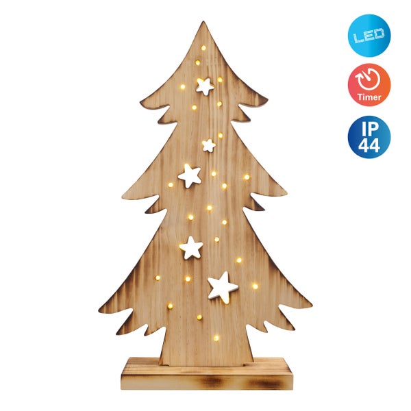 Dekorativer Weihnachtsbaum aus Holz mit LED-Beleuchtung, Timer und IP44-Schutz