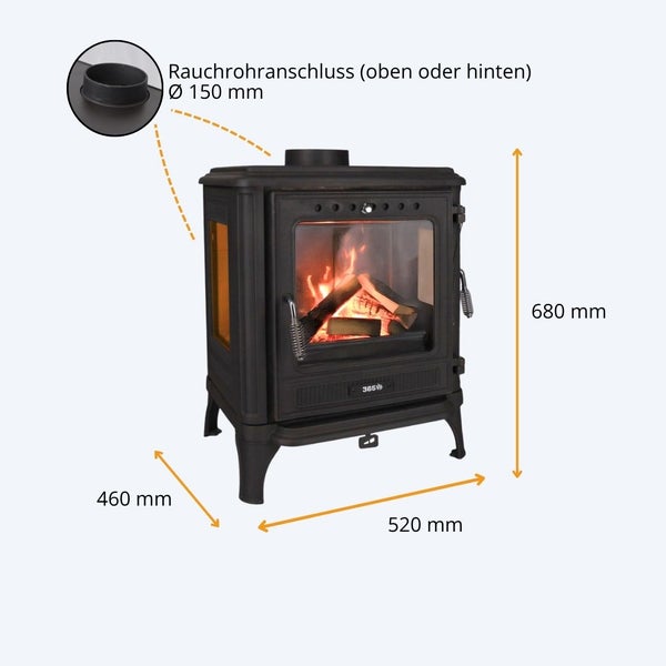 Kaminofen mit Sichtfenster, 680 mal 520 mal 460 Millimeter, Rauchrohranschluss 150 Millimeter oben oder hinten.