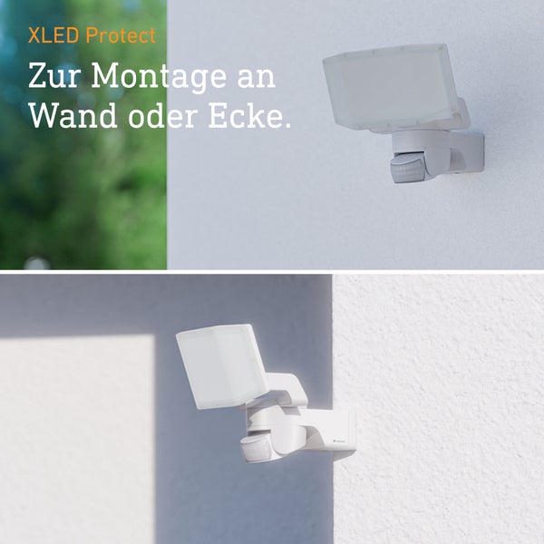 Steinel LED-Strahler XLED Protect mit Bewegungsmelder, montiert an einer Wand und an einer Hausecke.
