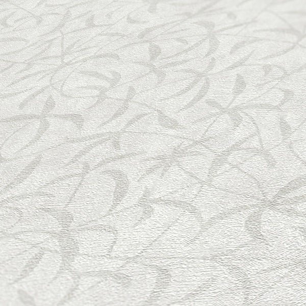 Nahaufnahme einer weißen Papierstrukturtapete mit floralem Muster