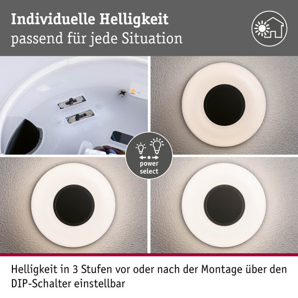 Runde LED Wandleuchte mit über einen DIP Schalter in drei Stufen einstellbarer Helligkeit