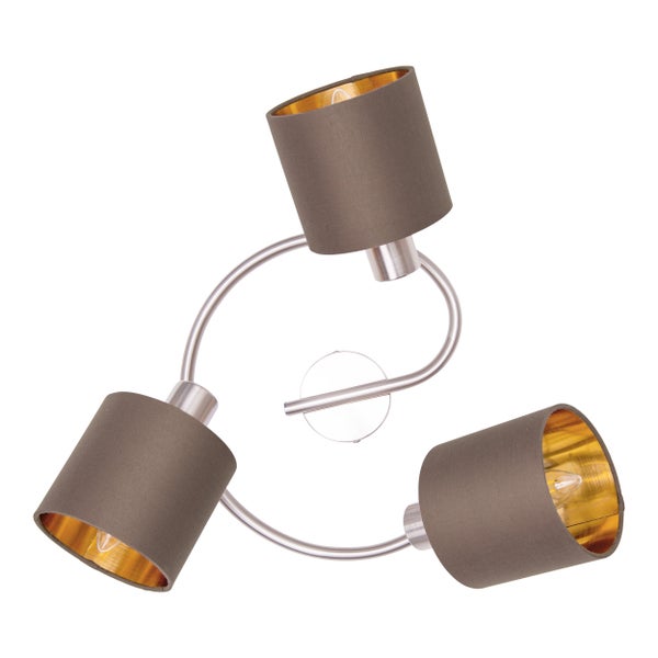 3er Wand- und  Deckenrondell MARON aus Metall satiniert-matt mit Stoffschirmen  in Braun, mit E14-Fassung, Lampe für Wohnzimmer, Esszimmer, Flur und Büro, 28,5 cm Durchmesser