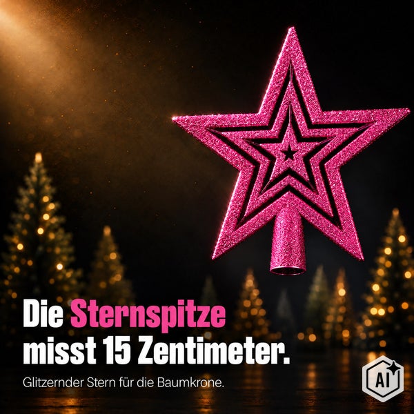 Glitzernde Weihnachtsbaumspitze in Sternform, 15 Zentimeter groß.