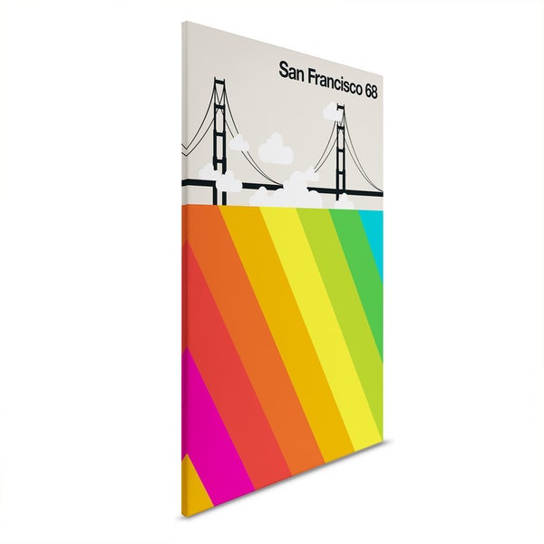Leinwandbild mit Grafik der Golden Gate Bridge und Regenbogenstreifen