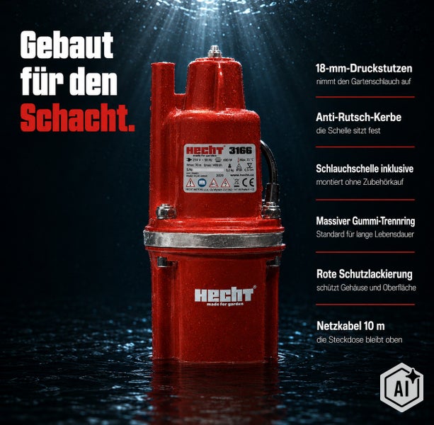 Hecht Tauchpumpe 3166 für Schächte mit 18 Millimeter Druckstutzen und 10 Meter Netzkabel.