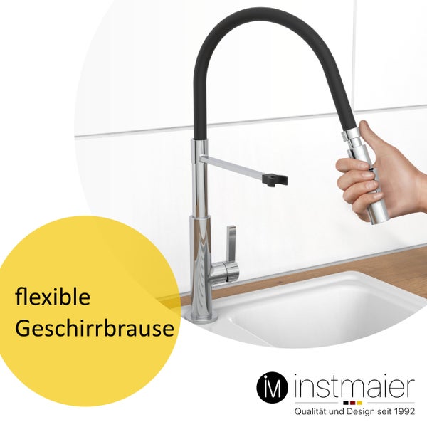 instmaier Küchenarmatur K4 | Flexible Geschirrbrause | Wasserhahn Küche mit 2 Funktionen | Spültischarmatur Chrom / Schwarz | 360° schwenkbar | mit Zentralverschraubung