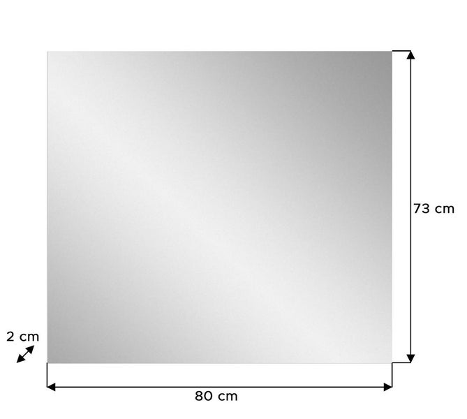 Quadratischer Spiegel mit den Maßen 80 mal 73 Zentimeter und einer Dicke von 2 Zentimetern.