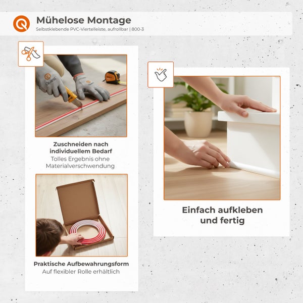 Eine Hand platziert eine weiße Sockelleiste auf einem Holzboden, während die andere Hand die Leiste am Boden ausrichtet.