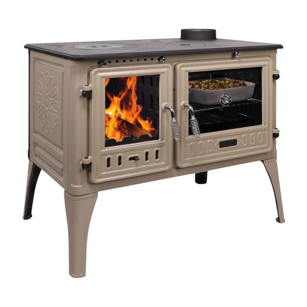 Beige Holzherd mit Backofen, gusseiserner Kochplatte und Sichtfenstern für Feuerraum und Backfach.