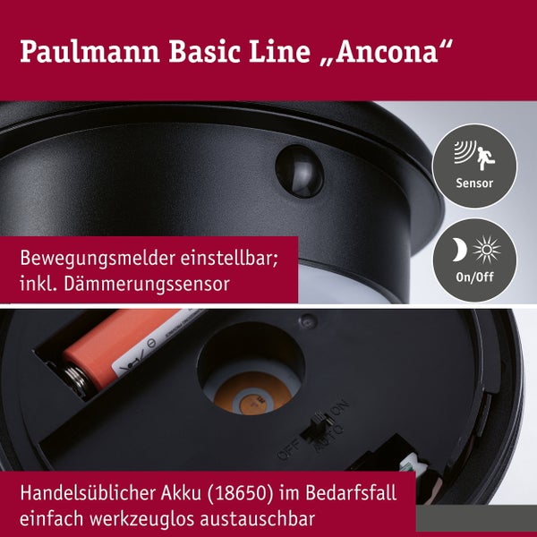 Paulmann Basic Line Ancona Deckenleuchte mit Bewegungsmelder und Dammersungssensor sowie austauschbarem Akku Typ 18650.