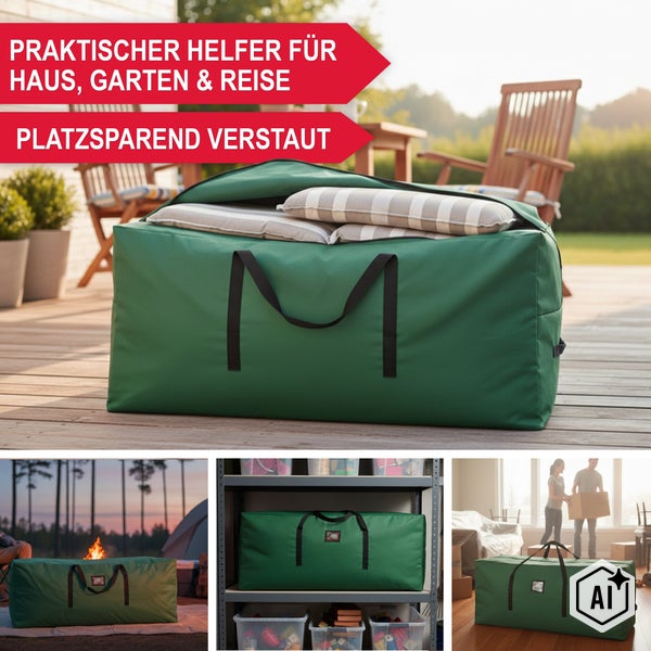 Eine grüne Aufbewahrungstasche mit Tragegriffen, ideal zum Verstauen von Polstern, Textilien und anderen Gegenständen im Haus oder unterwegs.