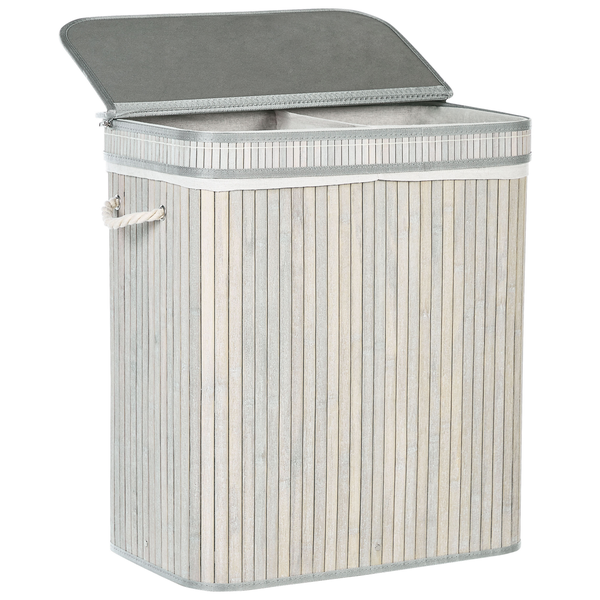 Rechteckiger Wäschekorb aus Bambus mit zwei Fächern, abnehmbarem Deckel und Stofffutter.