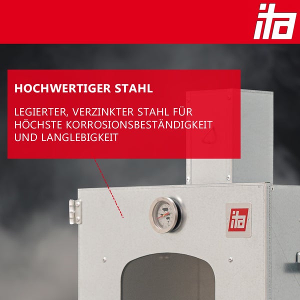 Hochwertiger legierter und verzinkter Stahl für Korrosionsbeständigkeit und Langlebigkeit bei einem Gerät mit Thermometer, ita Logo.