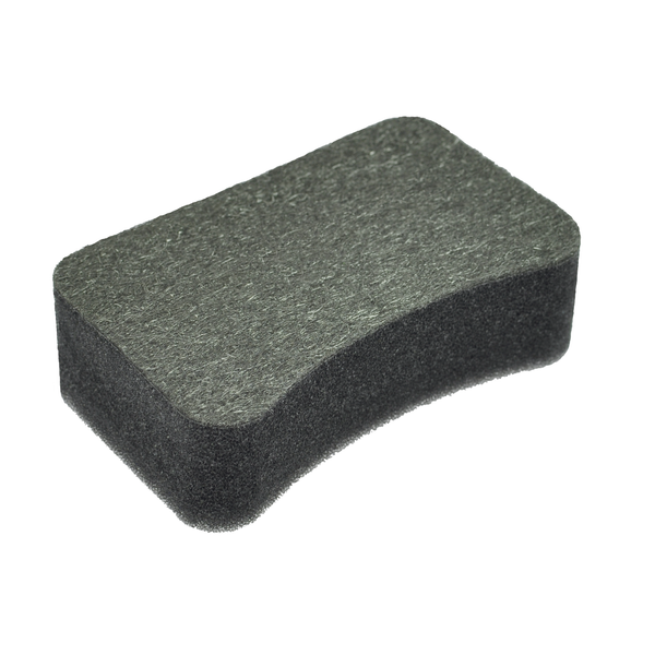 Rechteckiger Reinigungsschwamm mit grobem Scheuervlies und ergonomischer Griffform.