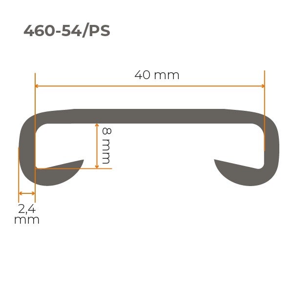 Abmessungen eines Profils 460-54/PS mit einer Breite von 40 mm, einer Höhe von 8 mm und einer Materialstärke von 2,4 mm