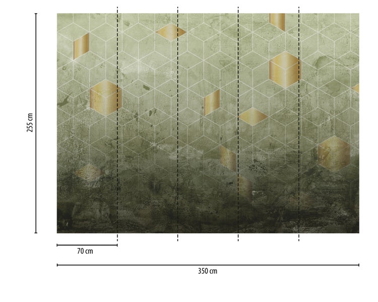 Vliestapete mit geometrischem Muster aus Sechsecken und Würfeln. Maße: 255 Zentimeter hoch und 350 Zentimeter breit.