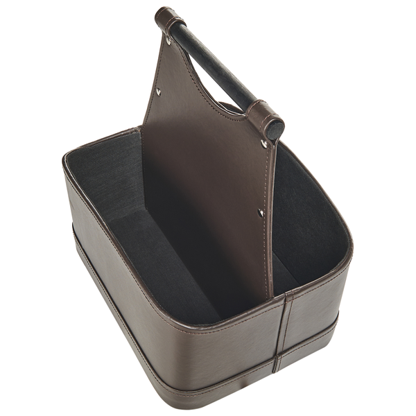 Aufbewahrungskorb aus Leder mit Tragegriff aus Holz