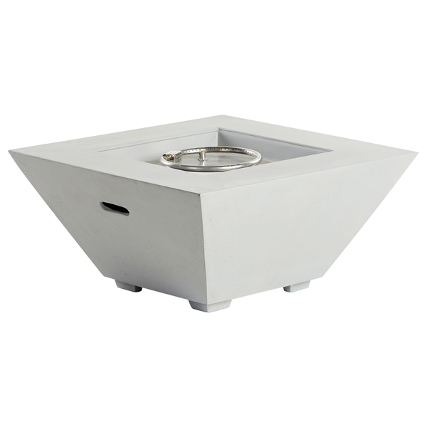 Quadratische Gas-Feuerstelle aus grauem Leichtbeton mit integriertem Gasbrenner-Ring und Griffaussparungen für den Garten.