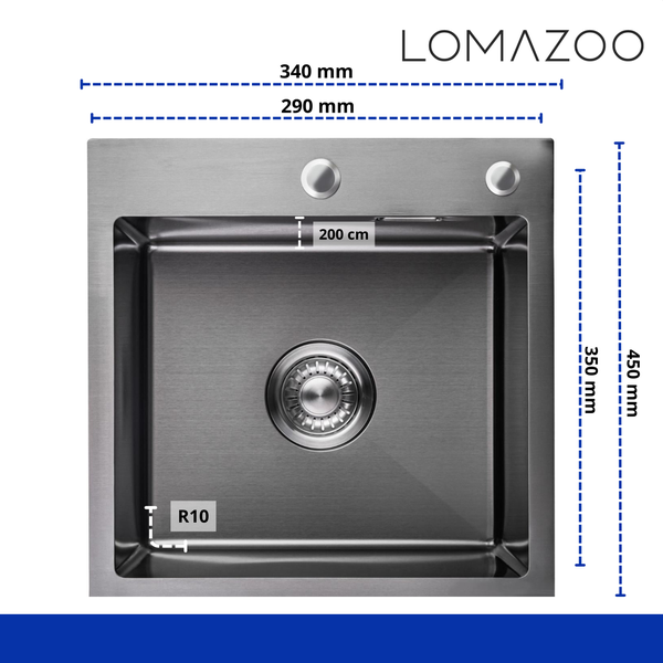 Edelstahl Einbauspüle von Lomazoo mit Maßangaben in Millimetern und Zentimetern für die Montageplanung.