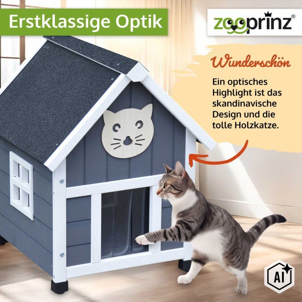Katzenhaus aus Holz im skandinavischen Design mit Holzkopfverzierung und Lamellenvorhang vor dem Eingang für Katzen.