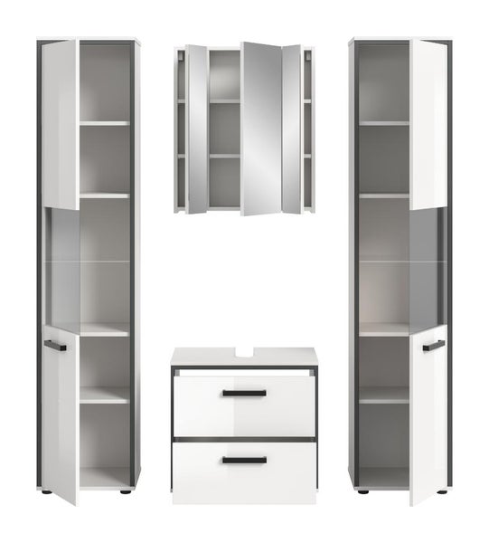 Badezimmermöbel-Set bestehend aus zwei Hochschränken mit Glaseinsatz, einem Spiegelschrank und einem Waschbeckenunterschrank mit zwei Schubladen.