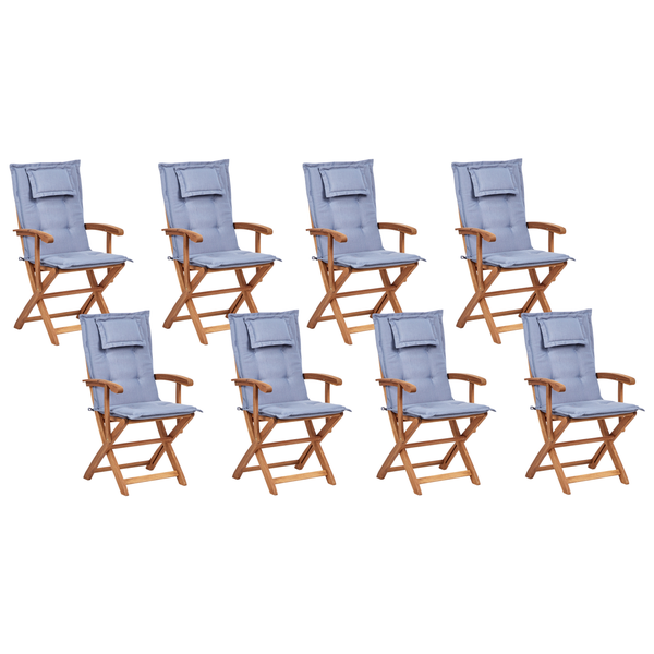Acht hölzerne Gartenstühle mit Armlehnen und Polster