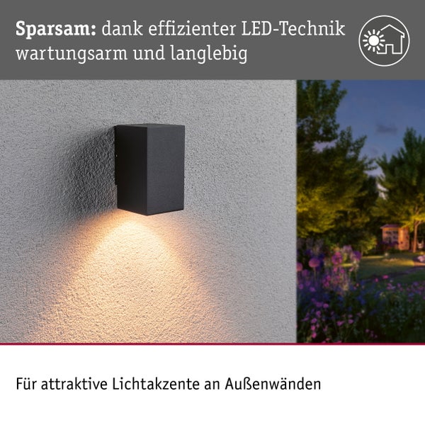 Moderne LED Außenwandleuchte in quaderförmigem Design für attraktive Lichtakzente an Hausfassaden.