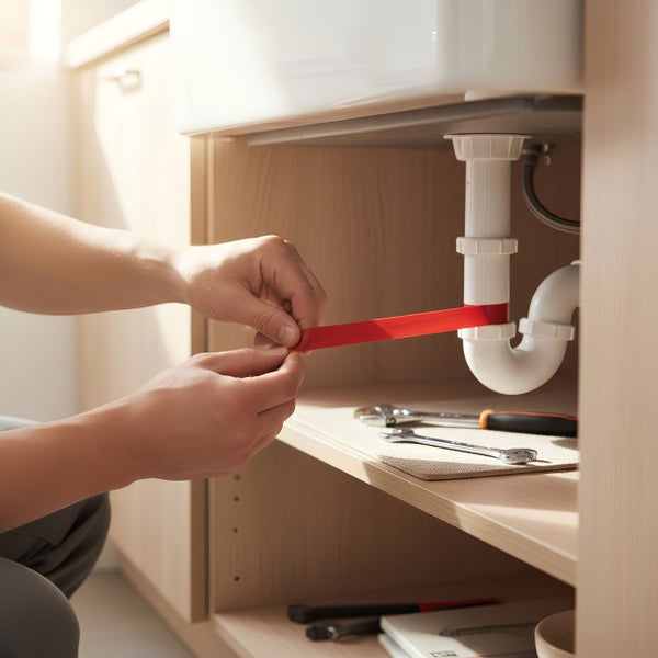 Eine Person repariert ein Abflussrohr mit Dichtungsband unter einem Waschbecken, zusammen mit Werkzeugen und Zubehör.