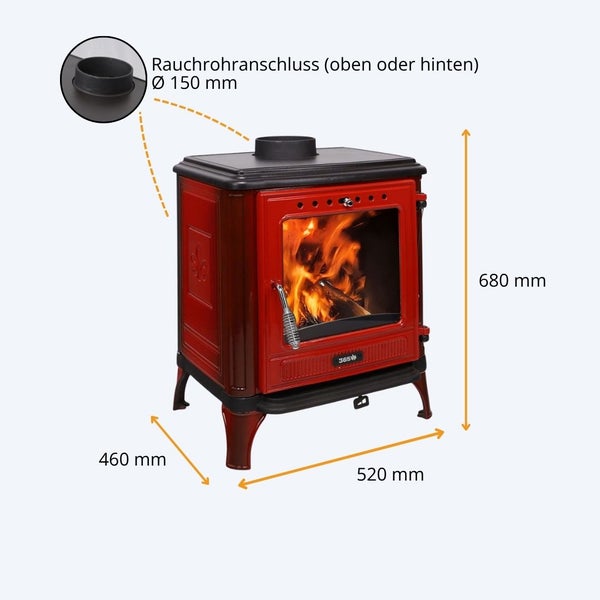 Kaminofen mit Sichtfenster und Maßangaben für Rauchrohranschluss oben oder hinten