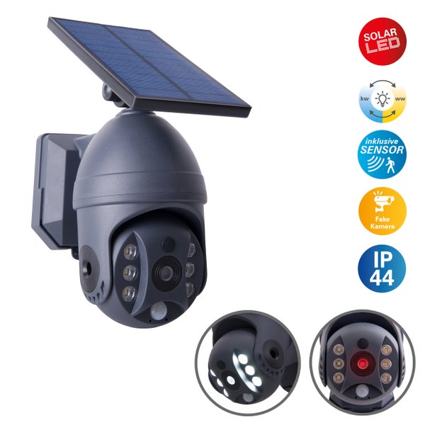 LED Solar Außenwandleuchte MOHO mit Bewegungsmelder und Security-Kamera-Attrappe , Wandleuchte aus Kunststoff in Grau, mit integrierter LED