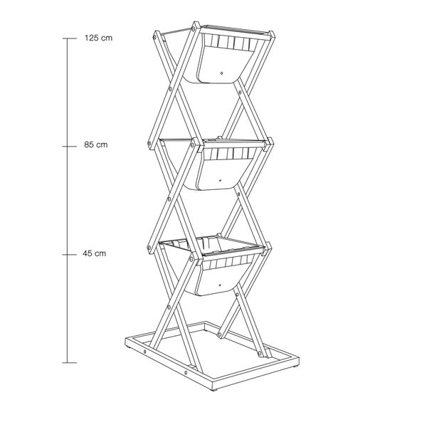 Vertikales Pflanzregal aus Holz mit drei Ebenen und Höhenangaben von 45 Zentimeter, 85 Zentimeter und 125 Zentimeter.