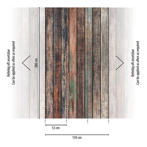 Maße einer Vliestapete in Holzoptik mit vertikalen Planken: 280 Zentimeter Höhe, 53 Zentimeter Breite pro Bahn. Beliebig oft ansetzbar.