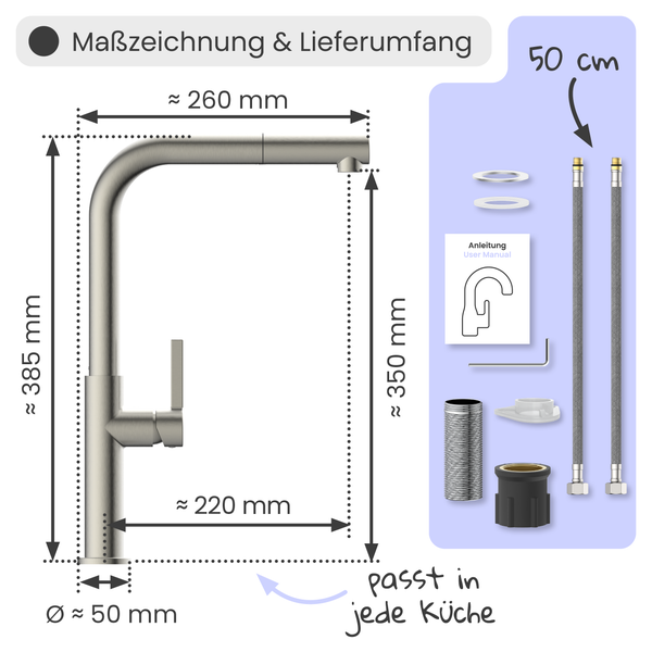 Maßzeichnung einer Küchenarmatur mit Maßen und Lieferumfang.